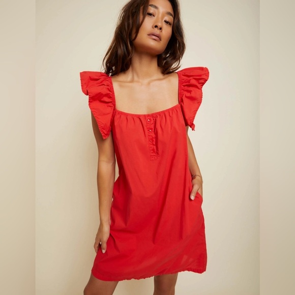 NWT Nation LTD Ophelia Ruffle Sleeve Square Neck Scoop Back Dress SZ M Red - Picture 1 of 11